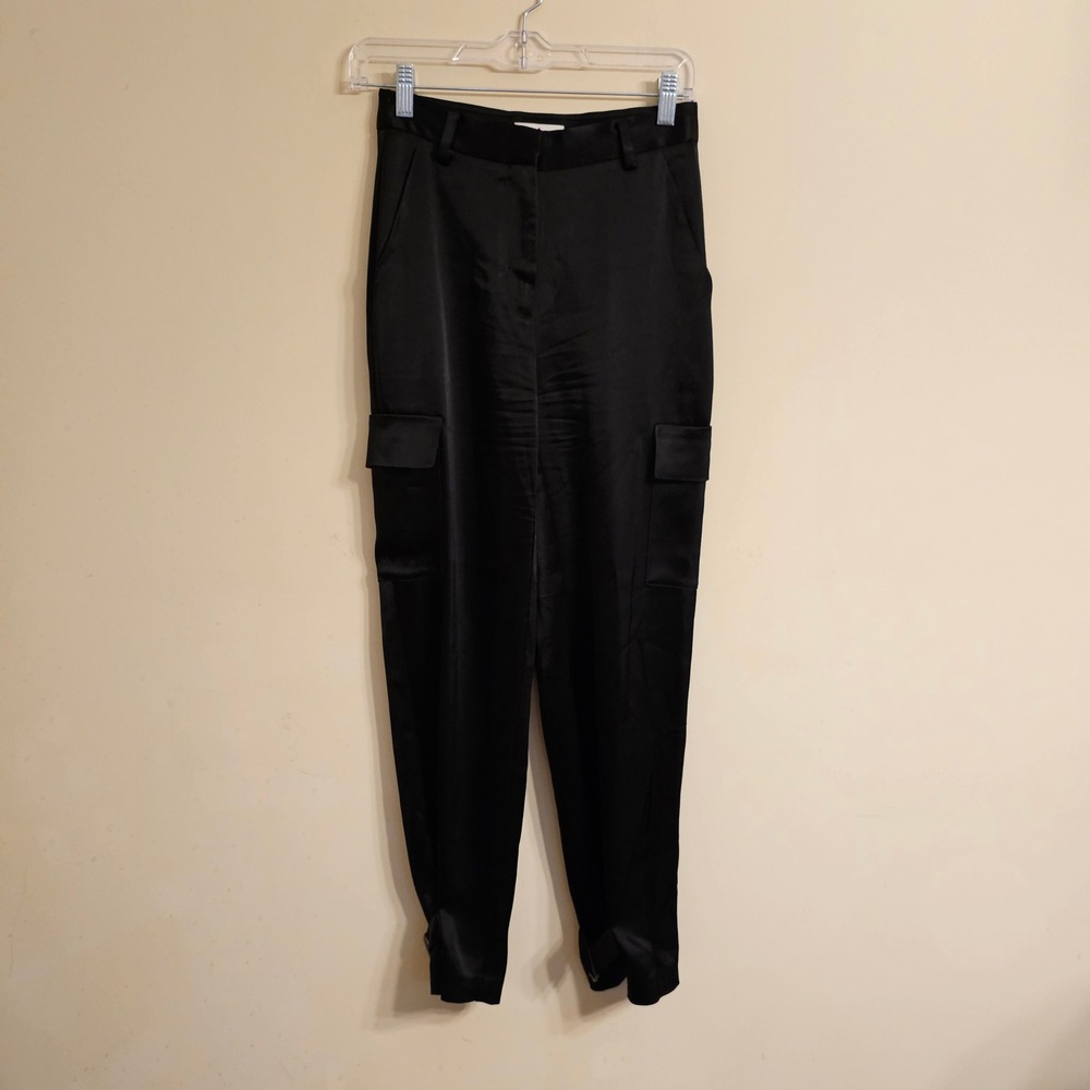 Babaton Cargo Pants Women 0 Black Satin High Waist Buckle Ankle 81775